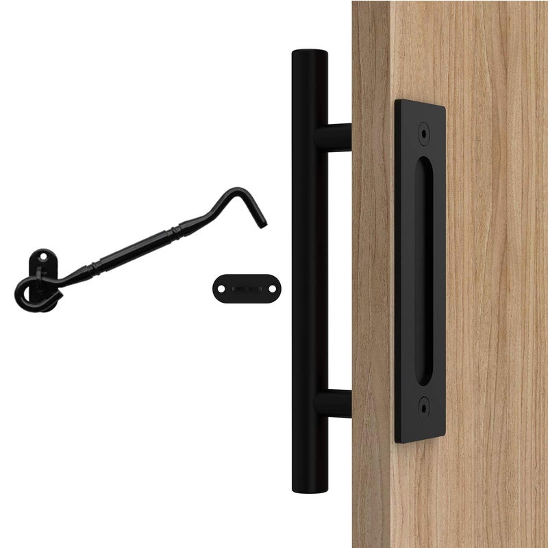 Orgerphy 12 Inch Black Barn Door Handle with Door Latch Set| Black 12 inch Round Heavy Duty Solid Steel Gate Pull Handle | for Barn Door Gates Garages Sheds - Image 2
